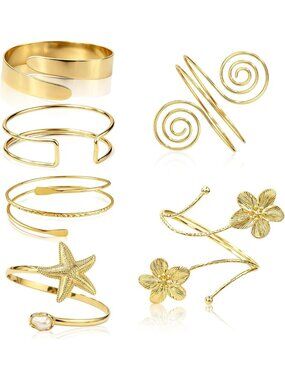 6 PCS Gold Upper Arm Cuff Bracelets Set - Boho Floral & Starfish Adjustable